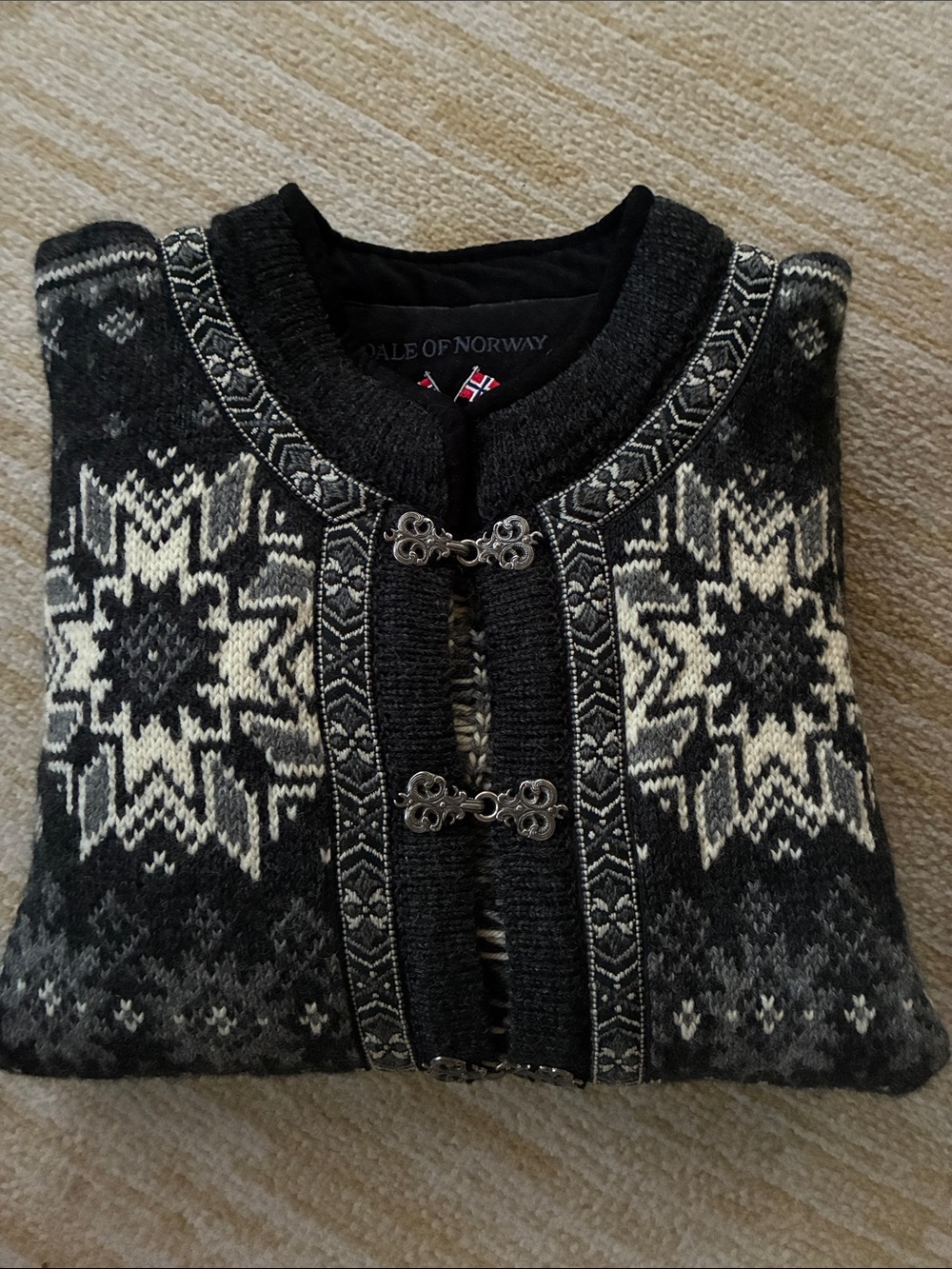 Dale of Norway Black & Cream Star-Patterned Wool Cardigan with Pewter Clasps